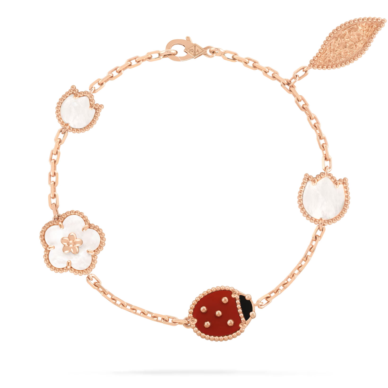Van Cleef & Arpels Lucky Spring bracelet, 5 motifs 18K rose gold, Carnelian, Mother-of-pearl, Onyx