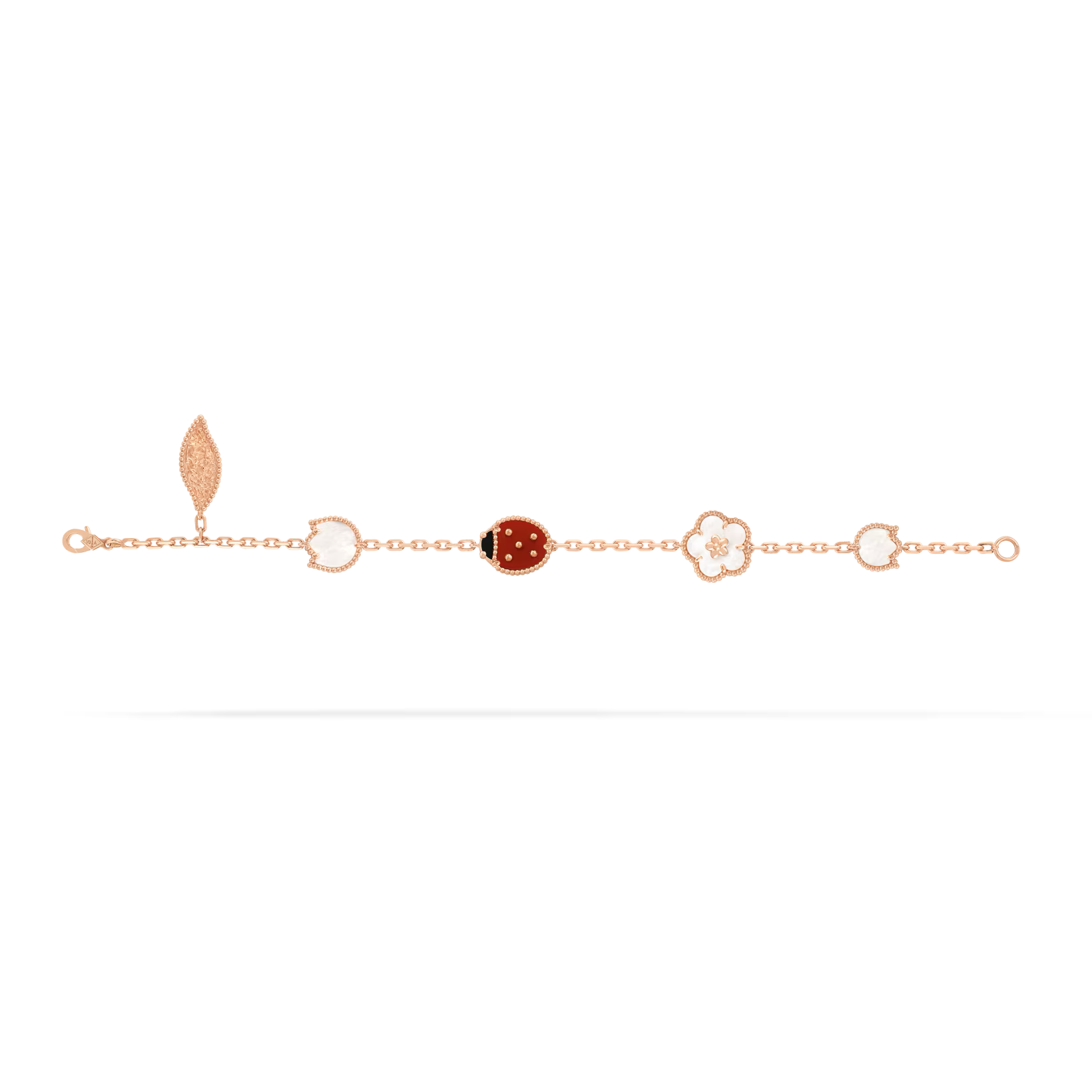 Van Cleef & Arpels Lucky Spring bracelet, 5 motifs 18K rose gold, Carnelian, Mother-of-pearl, Onyx
