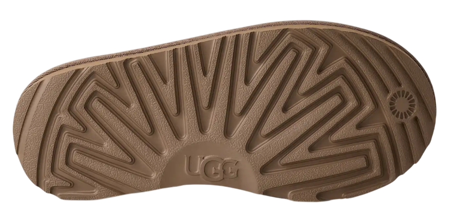 Brown sole of a shoe with 'UGG' branding on a white background