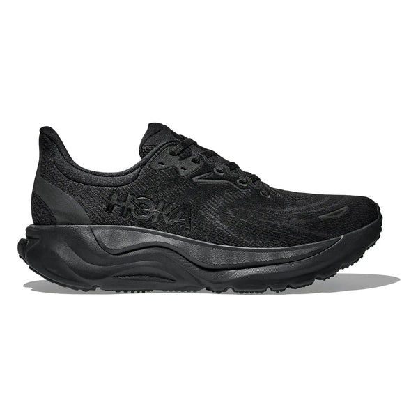 Black Hoka running shoe on a white background