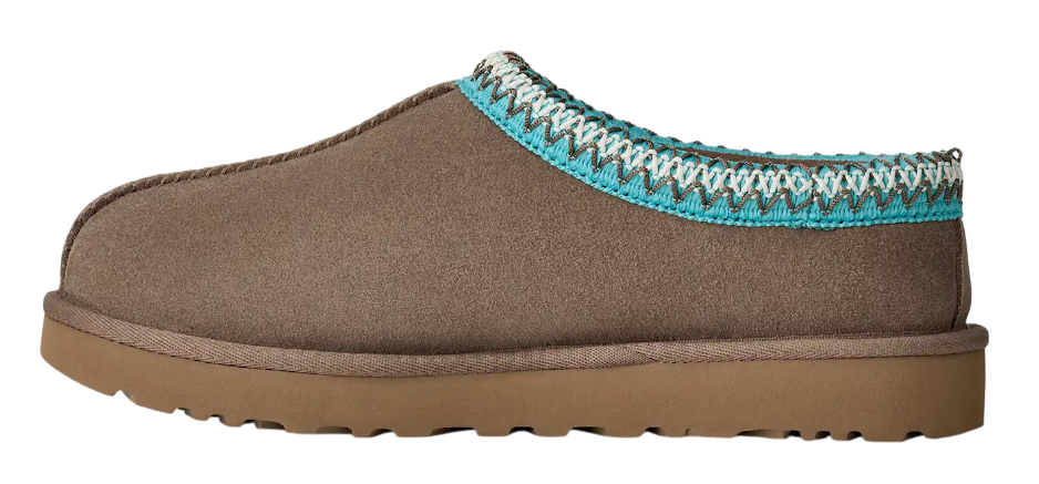 Brown slipper with blue trim on a white background
