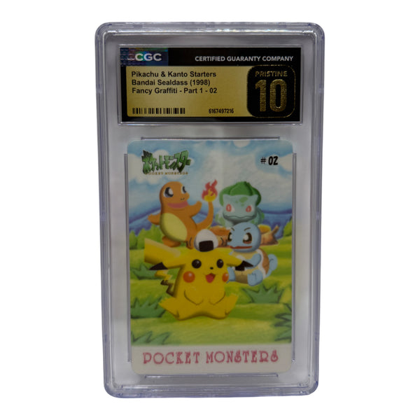 1998 Bandai Sealdass Fancy Graffiti #02 — Pikachu, Charmander, Bulbasaur and Squirtle — CGC 10 Pristine slab, front