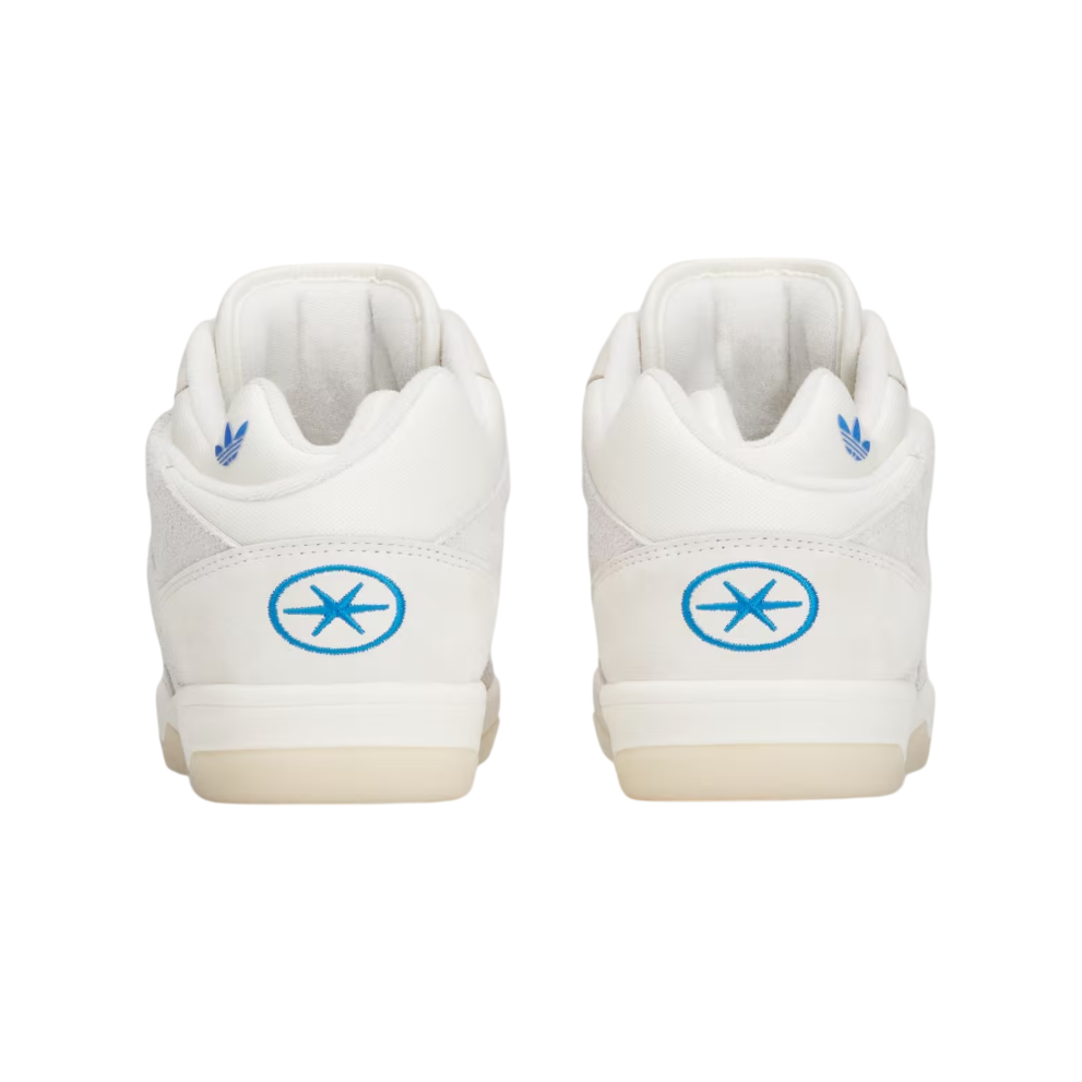 White sneakers with blue logo on a white background