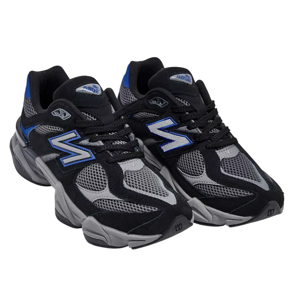 Black and gray sneakers with blue accents on a white background