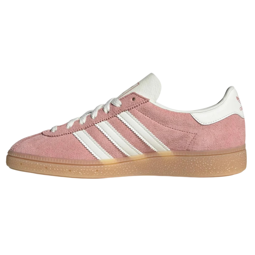 Pink Adidas sneaker with white stripes on a white background