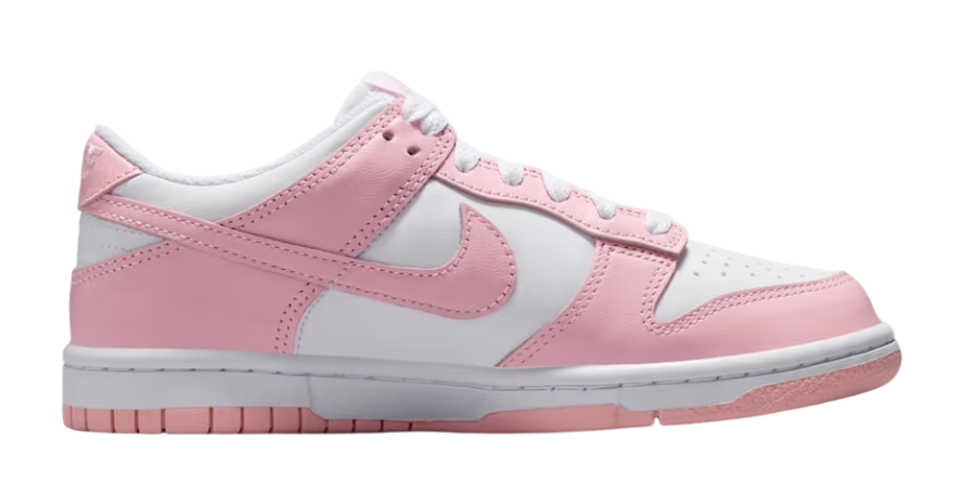Pink and white sneaker with Nike logo on a white background