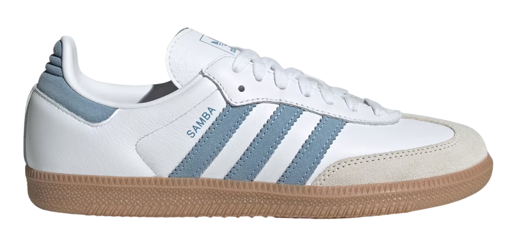 White Adidas sneaker with blue stripes on a white background