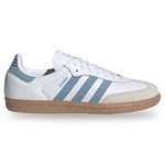 White Adidas sneaker with blue stripes on a white background - Image 1