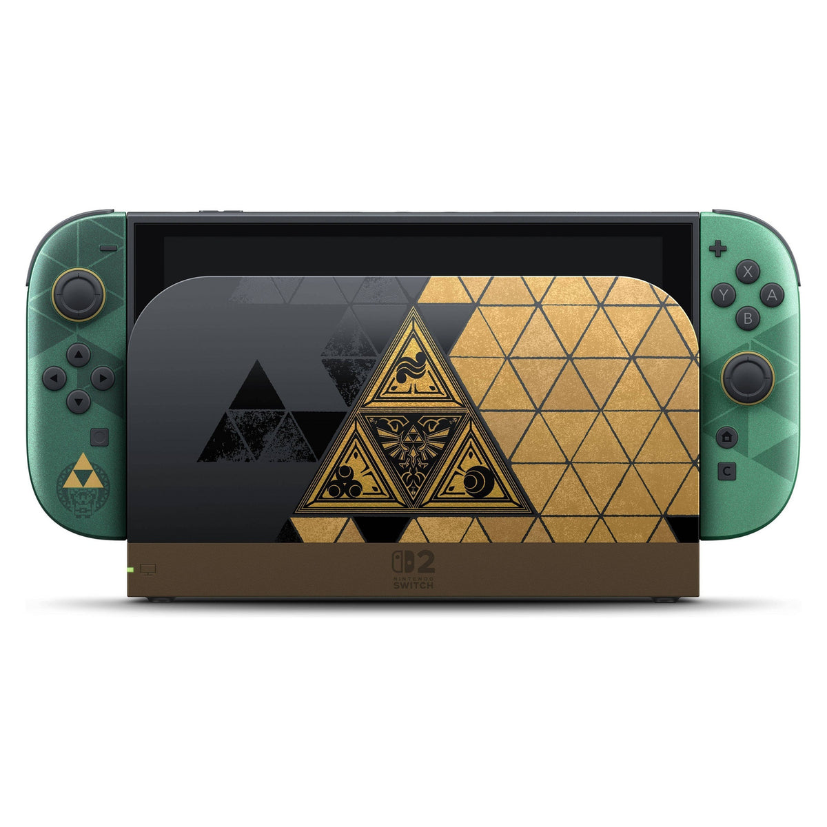 Nintendo Switch 2 The Legend of Zelda 40th Anniversary Edition in green and gold with Triforce dock, on a white background