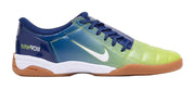 Multicolored sports shoe with brand logo on a white background