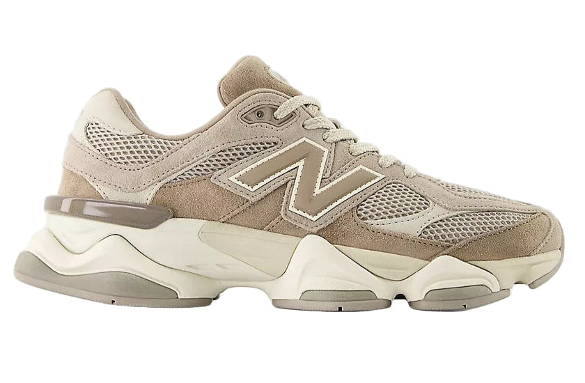 Beige sneaker with New Balance logo on a white background